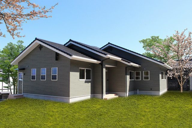 グリーンの外壁の平屋建外観